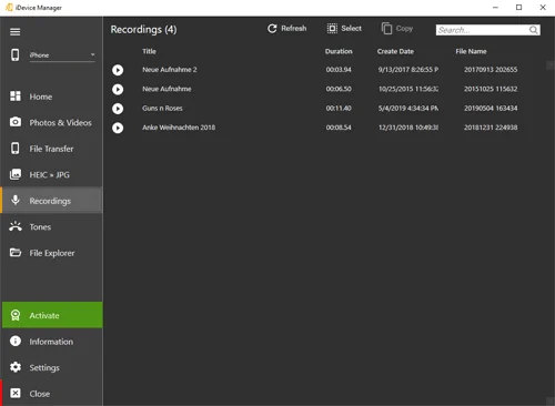 iPhone Voice Memos in iDevice Manager