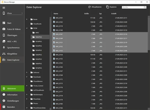 View iPhone files on a PC in iDevice Manager with a tree structure and detailed list